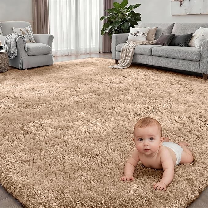 Fluffy Area Rugs 9x12 Living Room Bedroom: Ultra Soft Shag Rug Upgrade Non-Slip Non-Shedding Large Fuzzy Plush Carpet Indoor Floor Carpets for Kids Room Playroom Nursery Dorms Home Decor Beige