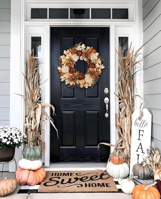 24 Inch Fall Brown Wreaths for Front Door Outside Autumn Wreath with Artificial Dahlia, Chrysanthemum, Rose, Berries & Leaves – Fall Door Wreath for Outdoor Indoor Thanksgiving Decor Terracotta