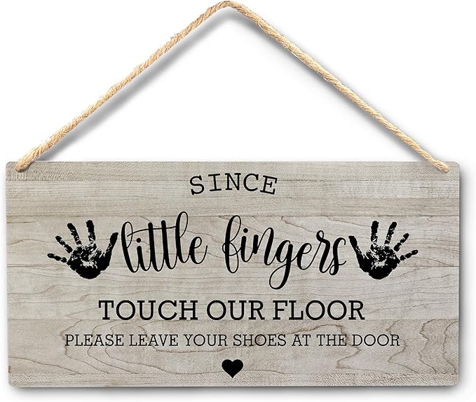 Wall Pediments Shoes Off Sign,Shoes Off Sign for Front Door,Since Little Fingers Touch Our Floor Door Sign,Shoes Off Hanging Welcome Sign for Front Door,12x6 Inches，Wood Grain-6