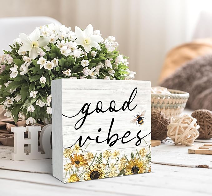 SRADMO Inspirational Bee and Sunflower Decor Wood Box Sign Desk Decor, Summer Rustic Wooden Block Box Sign Decoration For Home Office Shelf Table Decorative Accessories