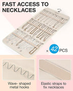 BAGSMART Hanging Jewelry Organizer Storage Roll with Hanger Metal Hooks Double-Sided Jewelry Holder for Earrings, Necklaces, Rings on Closet, Wall, Door, 1 piece, Large, Beige
