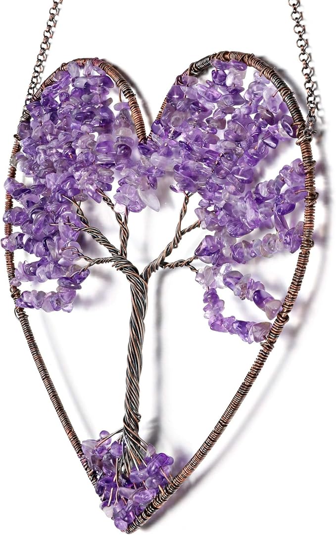 Jovivi Tree of Life Feng Shui Crystal Heart Hanging Ornament Amethyst Gemstones Healing Stones Yoga Meditation Window Wall Hanger for Home Wedding Decor