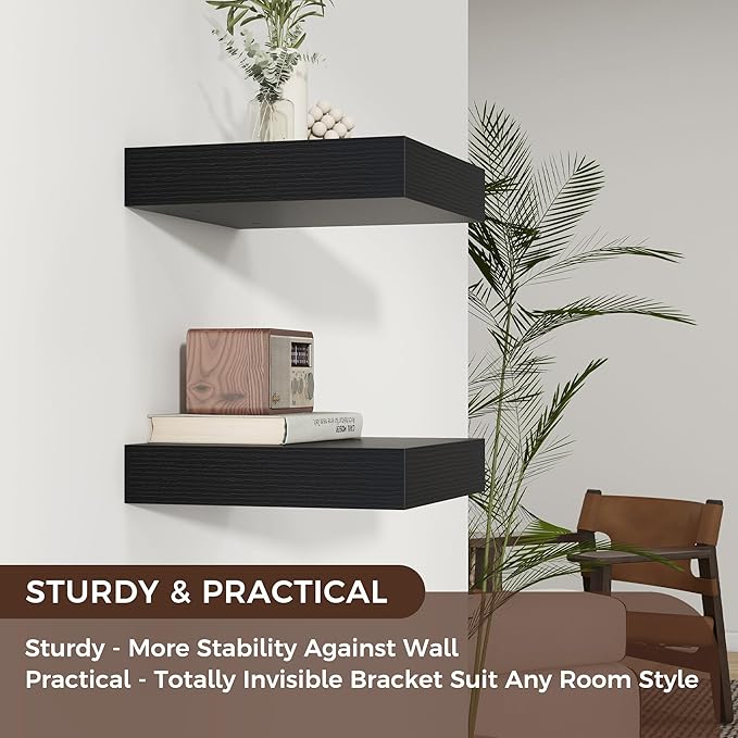 Venusmiles Square Floating Shelves for Wall, 12" W x 12" D x 2" H, 2 Pack of Small Wall Mounted Engineered Wood Shelves with Invisible Brackets for Living Room, Bedroom, Bathroom, Kitchen Decor, Black