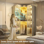 Corner Closet System with 2 Motion Sensor Lights, 39.2" Corner Closet Organizer with 12 Shelves, Closet System with 2 Hanging Rods, Versatile 6-Tier Walk-in Closet for Corner Space, White Oak