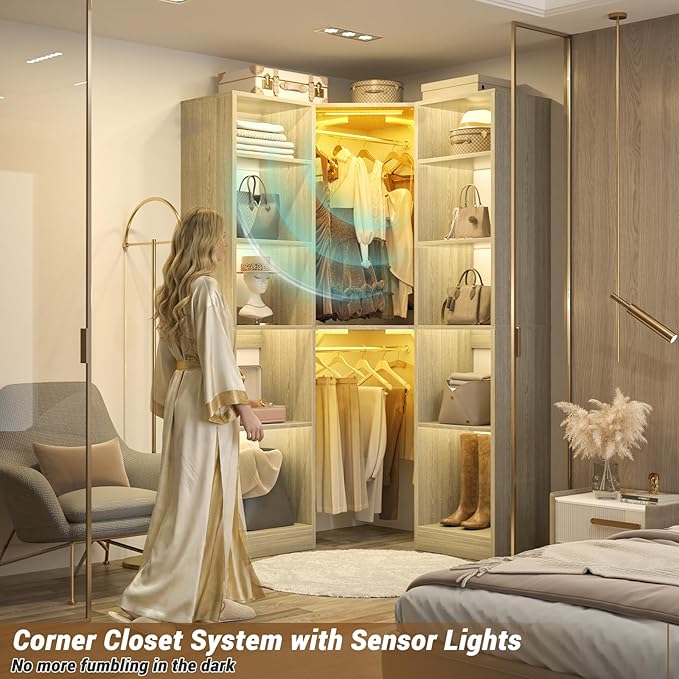 Corner Closet System with 2 Motion Sensor Lights, 39.2" Corner Closet Organizer with 12 Shelves, Closet System with 2 Hanging Rods, Versatile 6-Tier Walk-in Closet for Corner Space, White Oak
