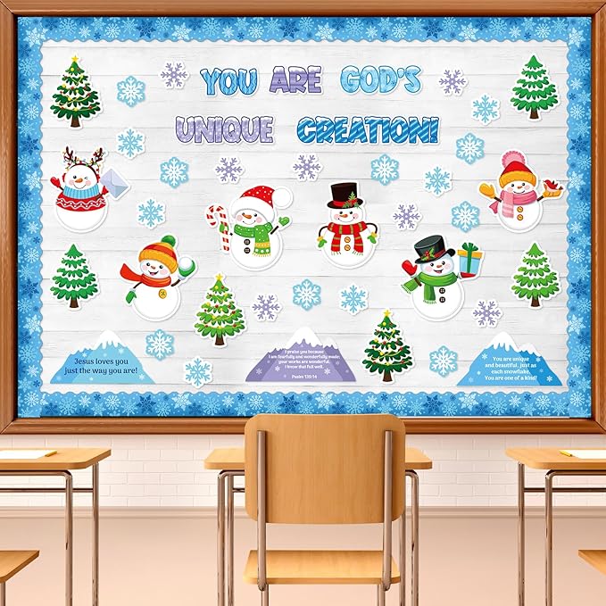 Christian Christmas Bulletin Board Decorations Set - Religious Classroom Decor - God Made Me Unique Snowflake Snowman Cutouts for Xmas, Winter Holiday School Wall Decor