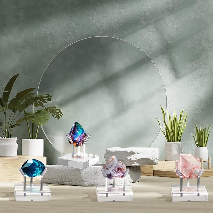 Weysat 4 Pack Clear Acrylic Display Stand, Metal 3 Peg Rock Display Easel Stands for Fossil Coral Crystal Geodes Rock Mineral Agate Small Collectibles Acrylic Holder