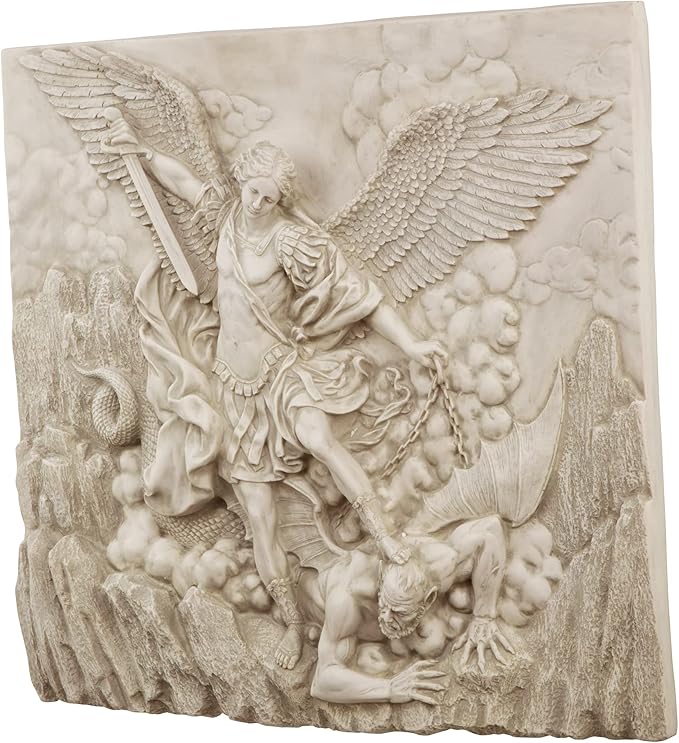 Design Toscano Michael the Archangel Slaying Demon Indoor/Outdoor Wall Frieze Sculpture, 22 inches wide, Cast Stone Resin, Antique Stone Finish