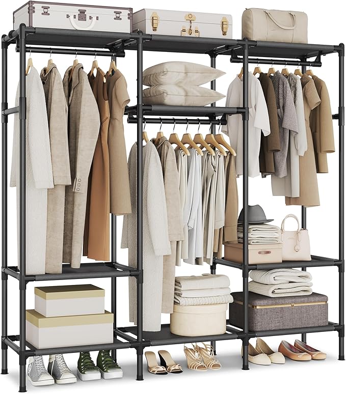 SONGMICS Clothes Rack,72 Inch Large Capacity Portable Closet, Heavy Duty Wardrobe Closet Organizer with Hanging Rails and Shelves, Total Load 330 lb, Easy Assembly, for Bedroom, Black URDR211B01