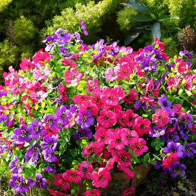 Artificial Flowers for Outdoor, UV Resistant Fake Silk Flowers, Realistic Faux Plants for Outside Indoor Porch Patio Window Box Planter Home Decor (14, Purple Rosy)