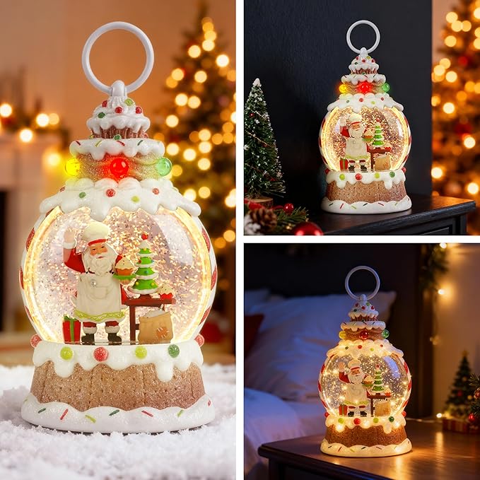 Santa Christmas Snow Globe， Musical Snow Globe，LED Lights and Swirling Glitter, Santa Chef Baking Theme Christmas Decorations Indoor, Gift for Adults and Kids