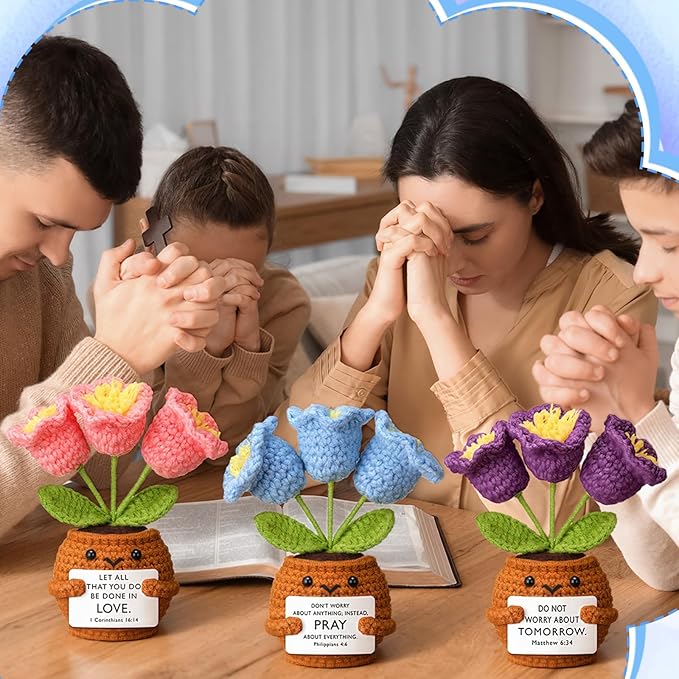 Wavwavw 6 Pcs Christian Gift for Women Inspirational Religious Gifts Positive Faith Scripture Crochet Handmade Bible Verse Crochet Doll with Prayer Card for Vbs Church(Lily of the Valley)