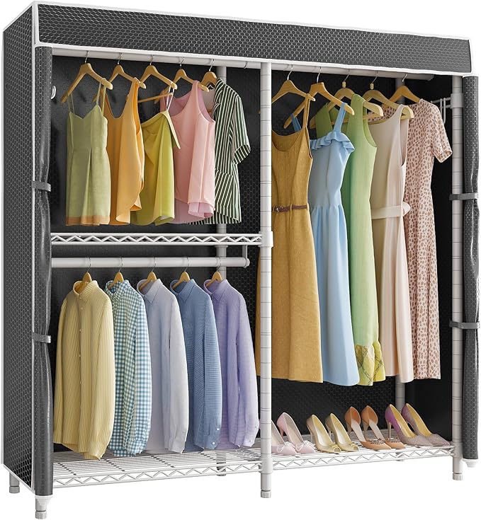 VIPEK V4C Garment Rack with Cover, Heavy Duty Portable Closet Adjustable Metal Clothing Rack for Hanging Clothes with Hanging Rods & Side Hooks, Max Load 810lbs, White Rack with Black Cover