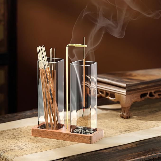 Incense Holder for Sticks, 2 in 1 Incense Burner with 7.1" & 7.1" Glass Jars, Upside Down Incense Holder with Ash Catcher & Storage for Meditation Yoga Spa Home Decor with 20 Incense Sticks & Brush