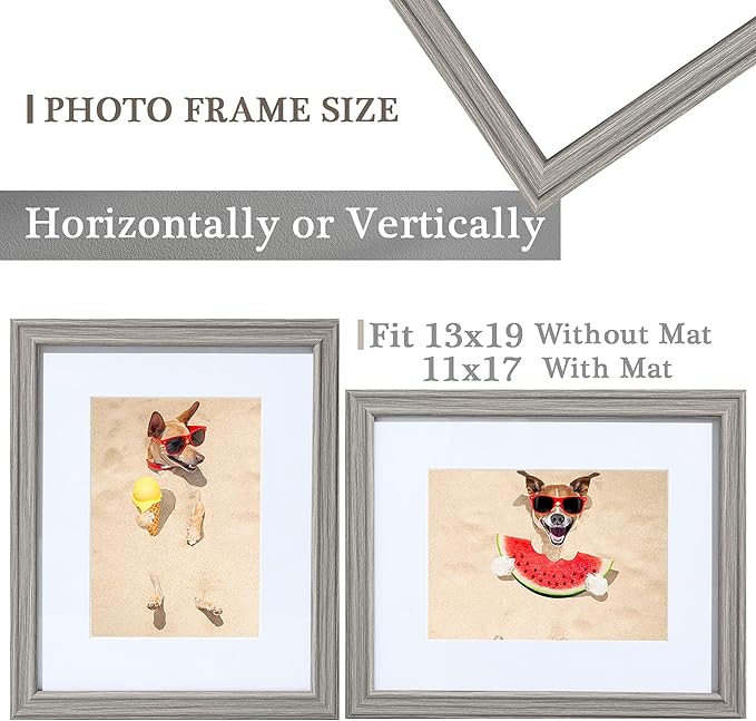13x19 Picture Frame Grey ，Display Pictures11x17 with Mat or 13x19 without, 13 by 19 Collage Frames- Tempered Glass Wall Gallery Frame Perfect for Home Décor Gifts
