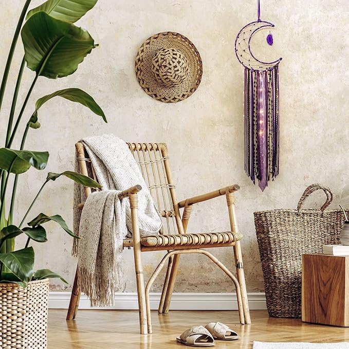 Witchy Crescent Moon Dream Catcher with Purple Agate, Witch Pagan Woven Wall Hanging Dreamcatcher with Light, Gothic Wiccan Hippie Decor with Ornament Decoration Women Gift for Bedroom Christmas