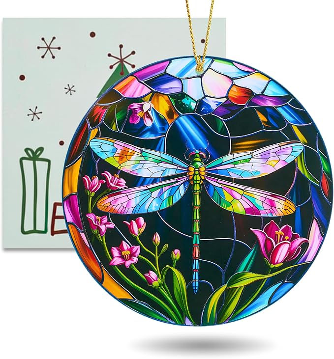 Dragonfly Christmas Ornaments Round Stained Glass Effect Acrylic Dragonfly Ornament for Tree Hanging, Christmas Theme Gift Set for Gifts Lovers, Ornament Wall Art, Thanksgiving Gift