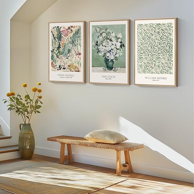 Framed Large Van Gogh Wall Art for Living Room, 3 Pieces Vintage Sage Green Canvas Painting Artwork for Walls, Botanical Wall Art Prints for Bedroom, Guest Room, Hallway, Home Office Wall Decor, 16x24 Inch