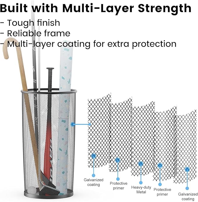19.5" H Mesh Umbrella Stand - Ventilated Mesh Umbrella Holder for Entryway - Extra Capacity Storage for Umbrellas Canes & More - Freestanding Indoor Organizer 10.4" L x 10.4" W x 19.5" H - 3P Black