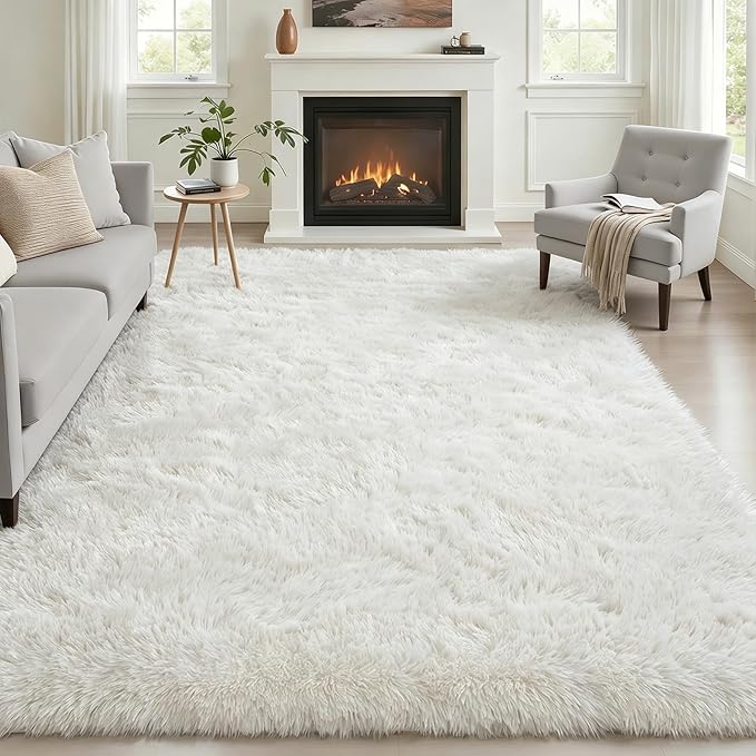 Fluffy 5x7 Area Rugs for Living Room Bedroom: Ultra Soft Shag Rug Non-Slip Non-Shedding Small Plush Bedside Rug Indoor Floor Carpets for Kids Room Playroom Entryway Nursery Dorms Home Decor Ivory