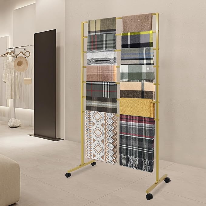 Scarf Organizer, 7-Tier Metal Scarf Display Stand with Wheels, Freestanding Scarf Display Rack, Retail Store Towel Rack, Ties Belt Pants Hanging Rack, for Boutique Display, Home (Gold-7 Rods)