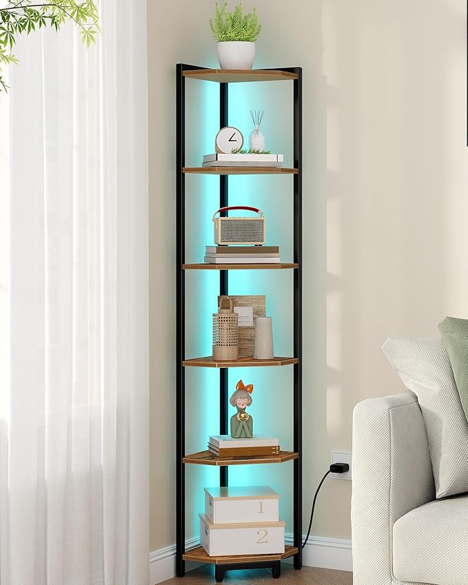 Hzuaneri Corner Shelf with LED Light, 6-Tier Corner Bookshelf, Tall Narrow Display Bookcase with Metal Frame, Standing Shelf for Small Space, Living Room, Home Office, Bedroom, Rustic Brown CS66601B
