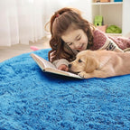 OLANLY Bright Blue Round Rugs for Bedroom - Machine Washable, 5 ft Circle Area Rugs for Living Room, Soft and Fluffy Shaggy Carpet for Teen Girl and Boys, Nursery Rooms, Dorms, Home Decor Aesthetic