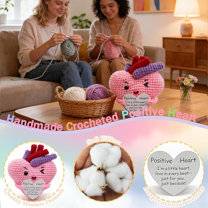 Emotional Support Positive Crochet Heart Handmade Gift and Desk Decor, Encouragement Present for Women Mother's Day Birthday Valentine's Day Galentines Multiple Holidays(Positive Heart)