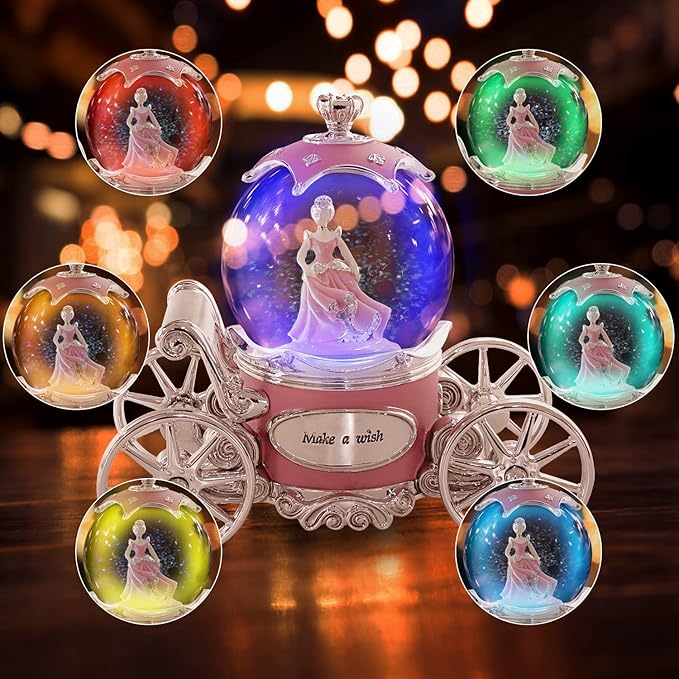 Cinderella Snow Globe for Girls, Music Box for Women with Color Changing LED Lights, Snowglobe Musical Boxes Gifts for Birthday Christmas Mother's Day Valentine's Day