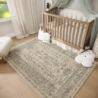 Washable 3x5 Entryway Rug, Boho Non-Slip Vintage Distress Small Rugs for Kitchen Nursery Office Bedroom, 0.3" Neutral Oriental Throw Thin Carpet with Cushioning Pad, Flaxen/Brown/Multi