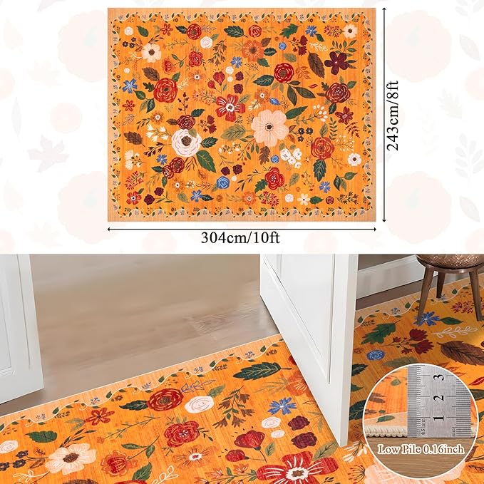U'Artlines 8x10ft Fall Colorful Floral Area Rug Machine Washable Ultra Soft Low Pile Non Slip Non Shedding Accent Floor Carpet for Living Room, Bedroom, Dining Room, Office (Orange)