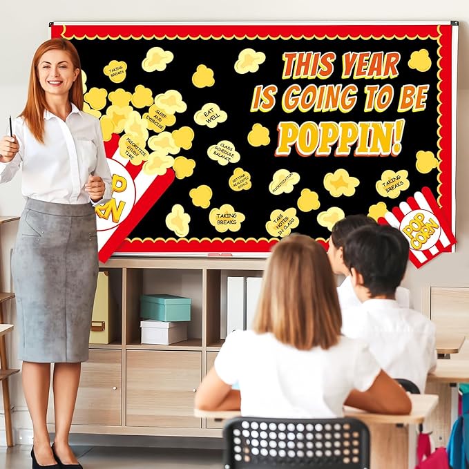 Popcorn Bulletin Board for Classroom Decorations Happy New Year Classroom Bulletin Board Set DIY Crafts Movie Themed Paper Cutouts for Students Wall Popcorn Holiday Celebration Party Supplies Decor