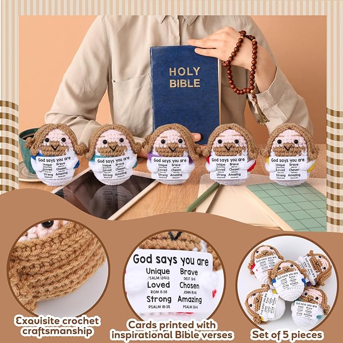 Marsui 5 Pcs 5 Pcs Crochet Dolls Christian Positive Gifts for Women Mini Jesus Figures with Positive Card Handmade Religious Crochet Plush Doll for Church Sunday School Motivational Gift (Colorful)