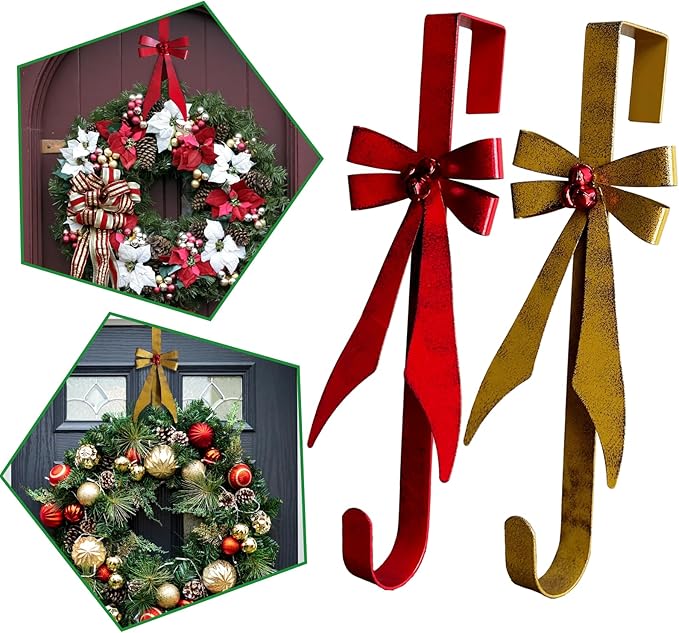 Bow Shape Metal Door Wreath Hanger, Christmas Wreath Hooks for Front Door, Decorative Wreath Hangers for Front Door - Over The Door No Drill Hold for Holiday Garland & Decor