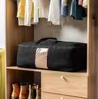 Soft Canvas Storage Bags with Zipper. Thick Breathable, 1pc King/Queen Comforter Organizer. Four Carrying Handles and Window. Large 25x19x9in Bag for Sheets Blankets Bedding Pillows, Clothes (Black)