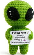 Positive Alien Crochet Plush with Message Affirmation Card - Appreciation Birthday Gift for Women Men, Her Him, Teen, Boy Girl, Inspirational College High School Graduation Congrats Grad Decoration