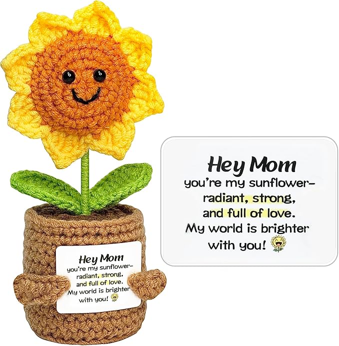 Gifts for Mom Mothers Day Birthday Gifts- Positive Crochet Sunflower, Funny Cute Small Sunflower Gift for Mom Bonus Mother in Law from Daughter Son Positive Emotional Support Pickle Gift