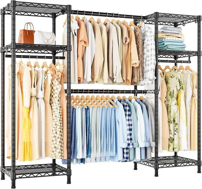 Ulif E7 Garment Rack, Heavy Duty Clothes Storage System with Extendable Hangers Rods, Metal Clothe Rack with 6 Wire Shelves, (52.3"-72") W x 14.5" D x 71.2" H, Load 838 LBS