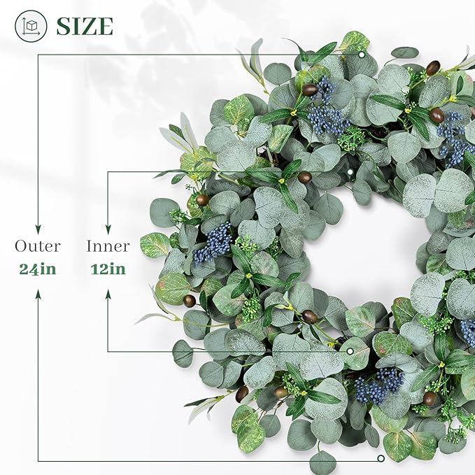 Eucalyptus Wreath for Front Door, COLORSPEC 24 Inch Eucalyptus Wreath with Olive Leaves and Berries All Year Round, Handmade Green Spring Summer Wreaths for Front Door Indoor Outdoor Wedding Holiday