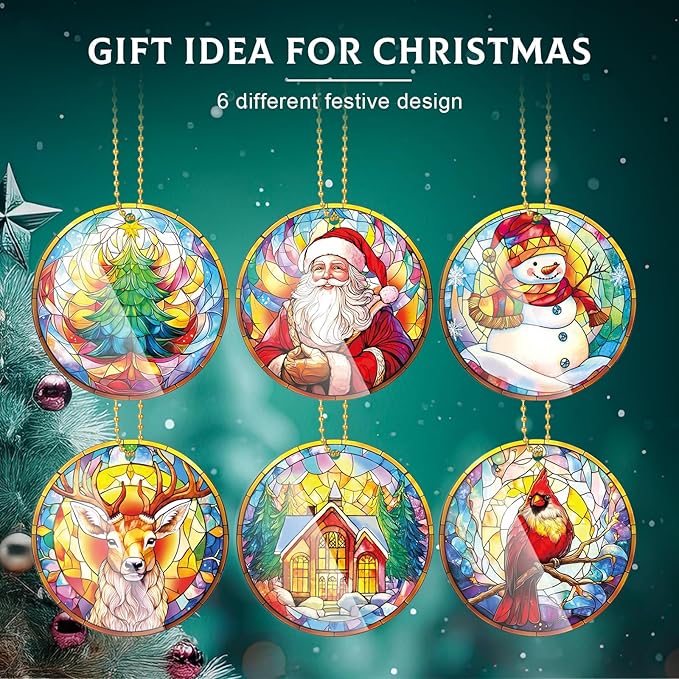 Vercraft 6 Pcs Christmas Tree Hanging Ornament Stained Glass Style Christmas Tree Decoration Xmas Round Window Hanging Art Santa Claus Acrylic Ornament Decorations Gifts (Retro)