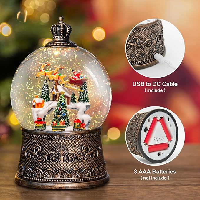 Christmas Snow Globes Lantern with Music, Winter Village Scene Snow Globes with Swirling Glitter Effects, USB/Battery Powered with 6-Hour Timer, Christmas Decorations