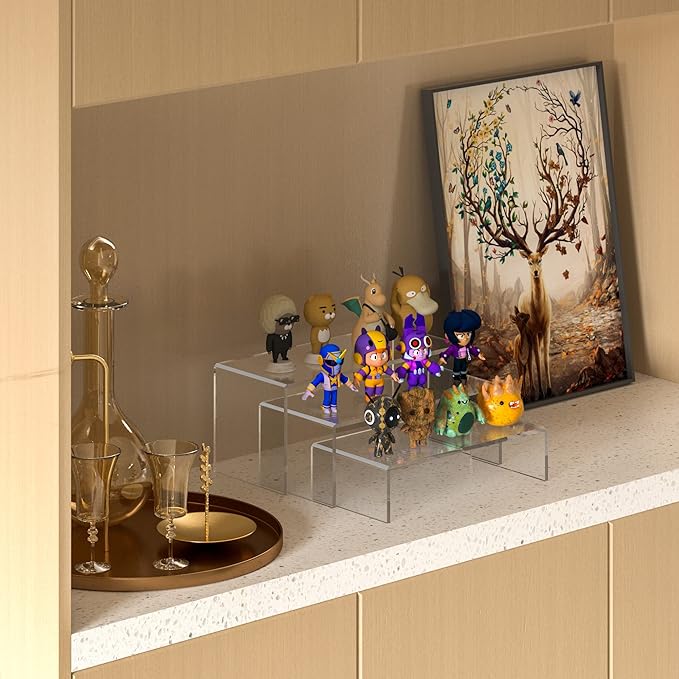 Sezanrpt Clear Riser Shelf 3pcs, Desktop Rectangular Acrylic Display Shelves Organizer, Acrylic Stands for Funko Pop Figure, Perfumes, Bags, Shoes, Glasses, Plants, Toys, Collectibles - 8''x8.5''x9''
