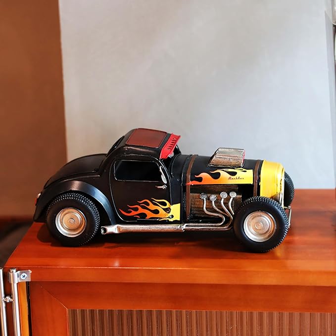 GENUINQ Vintage Hot Rod Metal Car Model Retro Classic Car Decor, Handmade Collectible Vehicle Figurine with Flame Design for Home, Office, Man Cave Decor & Gift