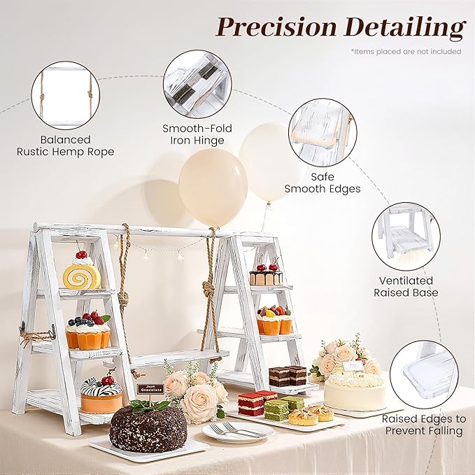 Wooden 3 Tiered Dessert Tray Stand Tool Free, Cupcake Serving Ladder Display Stand with Swing, Removable Trays and Foldable Stand for Cake Snack Fruit at Weddings, Anniversaries, Parties, Celebrations (White)