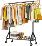 Heavy Duty Clothes Rack Load 450 LBS, Metal Garment Rack, Standing Rolling Clothing Rack for Hanging Clothes with Sturdy Wheels & Shelves, Portable Closet Wardrobe Rack,Black