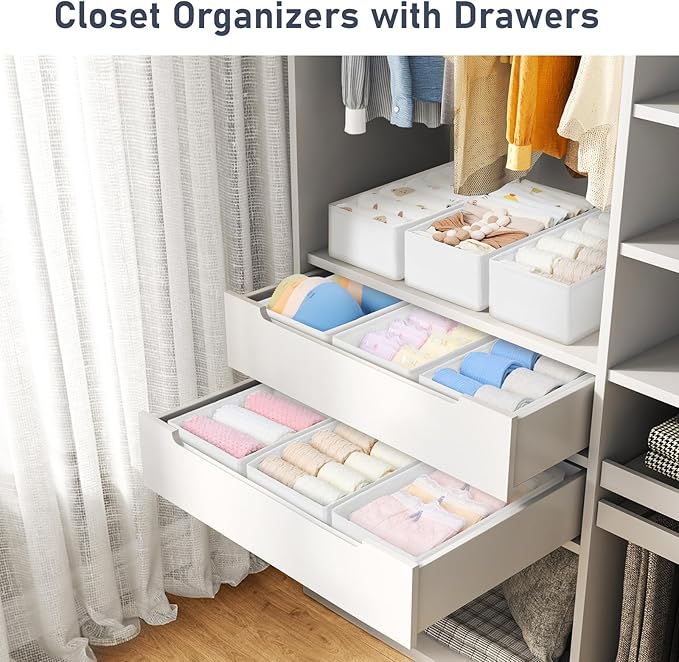 DIMJ Drawer Organizer Clothes - Underwear Organizer Small Sock Organizer Box Dresser Organizer,Drawer Dividers for Baby Clothes,Bra,Socks, Belt, Tie, Set of 9,White