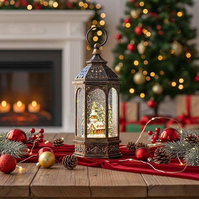 Christmas Snow Globe Lantern Lighted Holiday Village Church with Music& Timer, USB Lined/Battery Operated Lighted Lantern for Christmas Festival Decoration Gifts