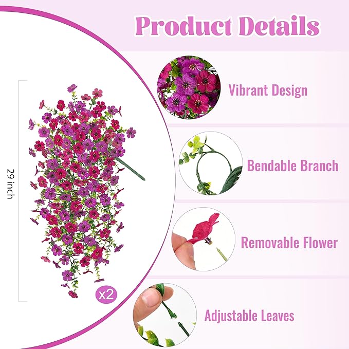 2Pcs Fake Hanging Flowers for Outdoor Decoration Artificial Hanging Flowers Realistic Daisy Plants UV Resistant, Faux Silk Flower for Porch Patio Window Box Outside Decor(Fuchsia Purple)