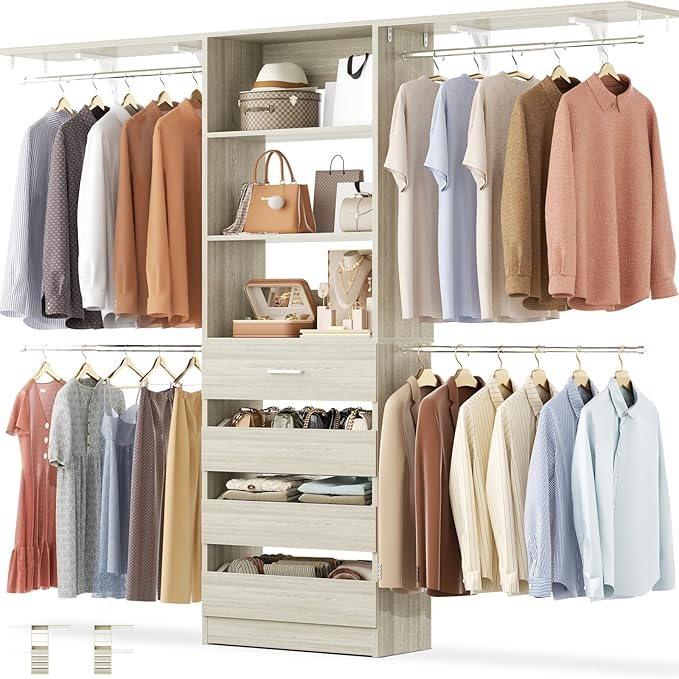 Aheaplus Closet System with 4 Drawers, 8FT Wood Closet Organizer System, Walk-in Closet Wardrobe with Tower, 4 Hang Rods, 2 Top Shelves, Built In Closet Insert System, Fits Spaces 4-9 ft, White Oak