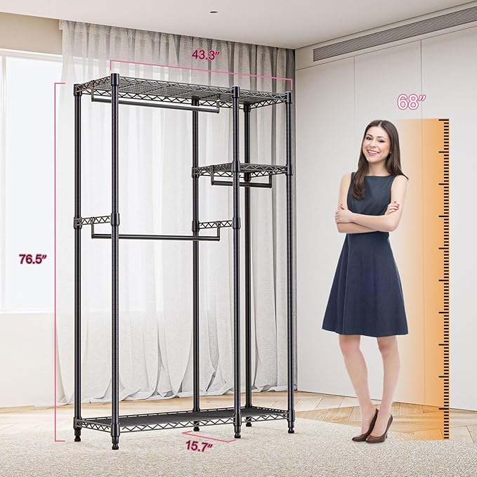Heavy Duty Rolling Garment Rack 3 Tiers Adjustable Wire Shelving Clothes Rack with 3 Rods and Side Hooks,Storage Closet Clothing Rack Black 15.7" D x 43.3" W x 76.5" H